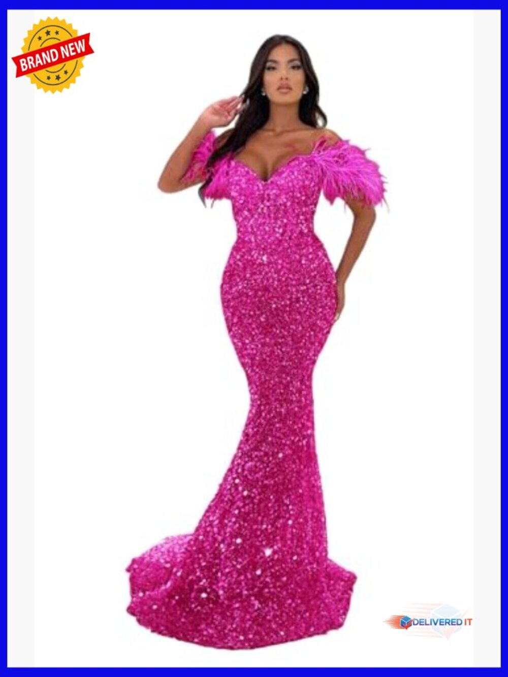 Off Shoulder Sweetheart Mermaid Prom Dress Long Sparkly Sequin Feather Formal - Picture 5 of 6